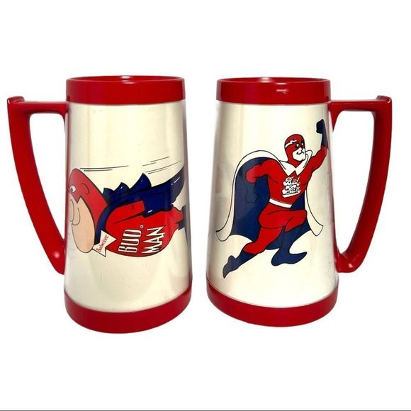 Set of TWO Bud Man Vintage Beer Mugs Superhero Thermos and Eagle Red and White - Picture 6 of 15